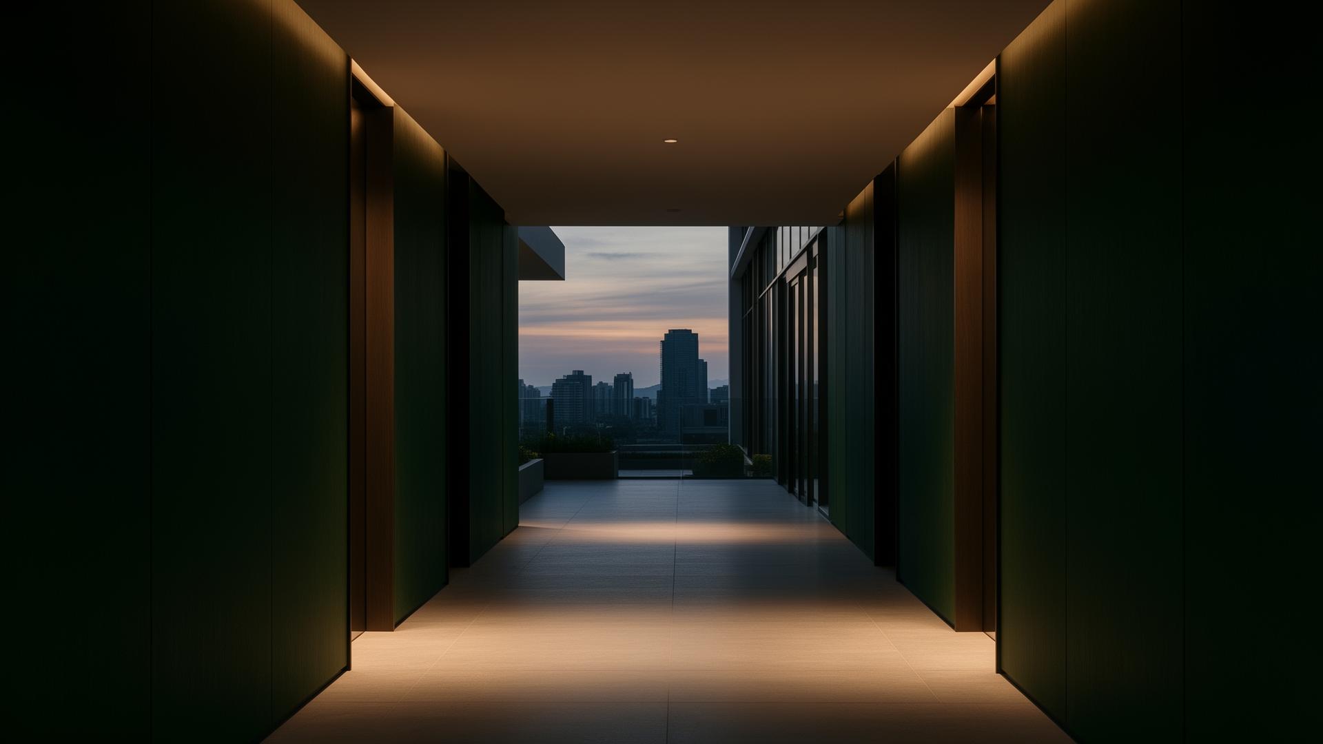 Modern luxury apartment breezeway at dusk